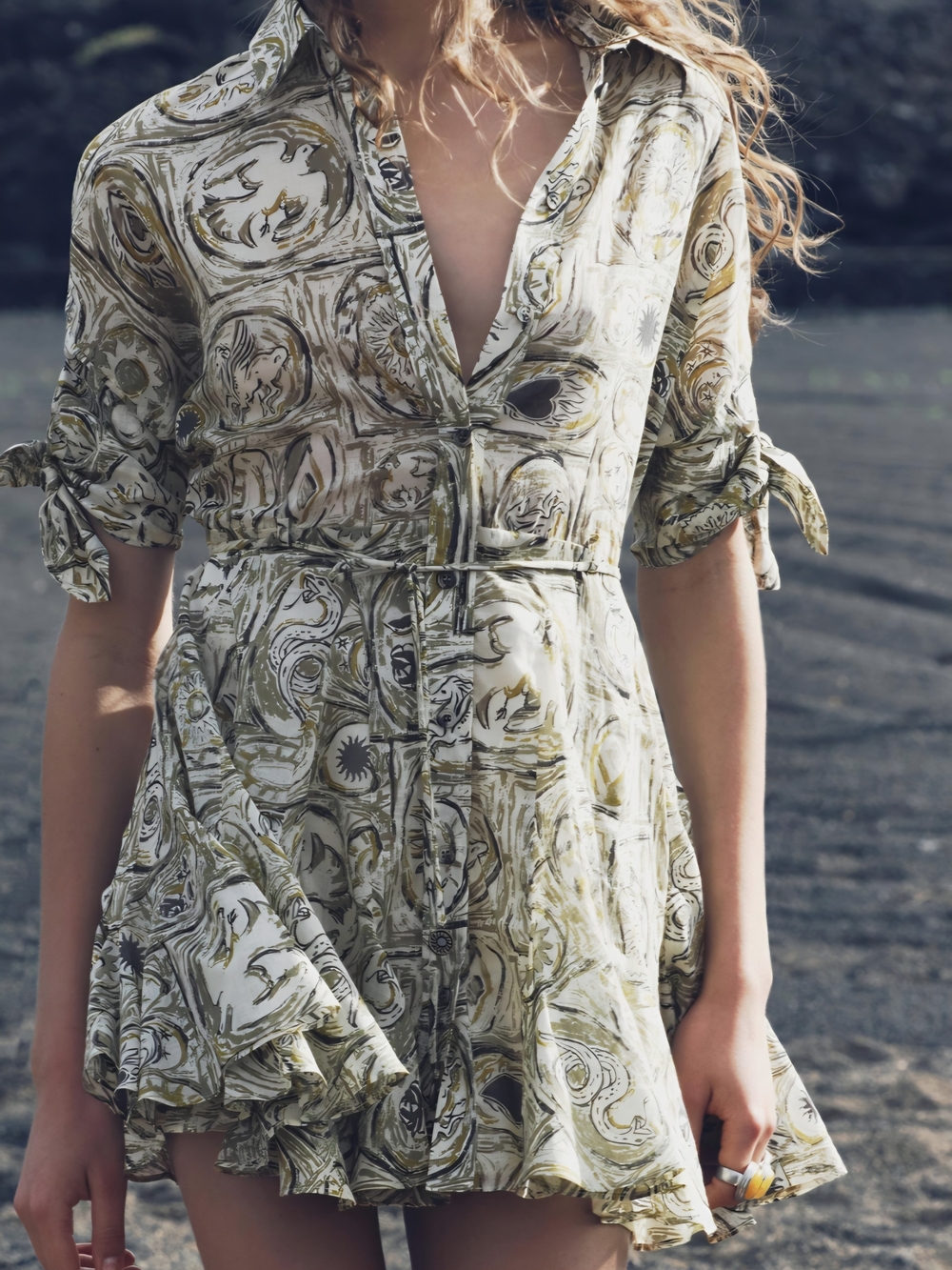 Zara Olive Green Printed Tie-Waist Mini Shirt Dress